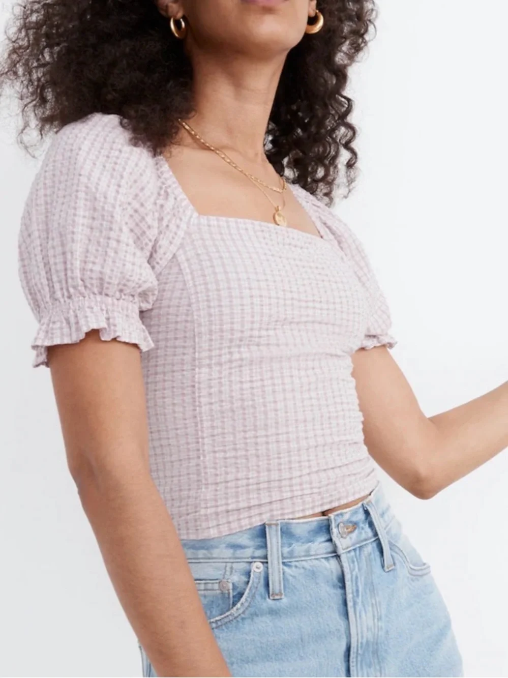 Madewell Seersucker Hopewell Puff Sleeve Crop Top Plaid Purple L